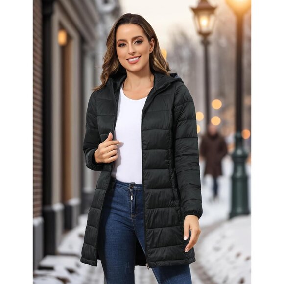 🆕 Women Black Long Quilted Puffer Coat Packable Lightweight Pockets Jacket Hood - Picture 8 of 9